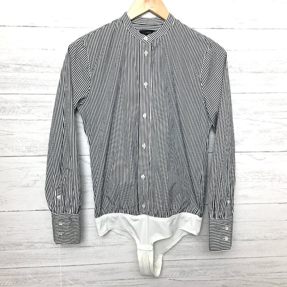 J. Crew Black White Stripe Shirt Stretch Tailored Perfect Bodysuit Long Sleeve 4